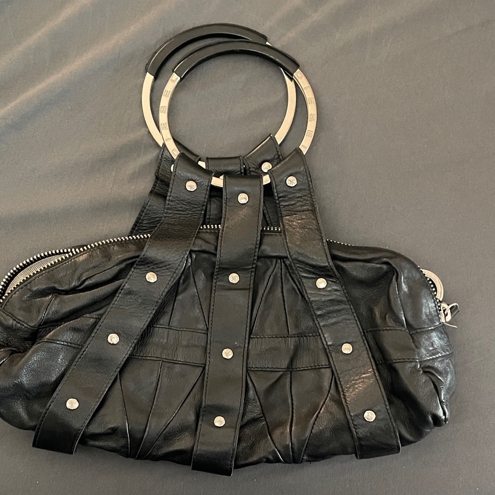 *RARE* Diesel Black Leather Ring-Handle Clutch with Stud Accents
